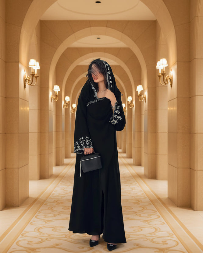 Black Botanical Embroidered Maxi Dress and Hijab Set for Everyday Wear, product view 1 1